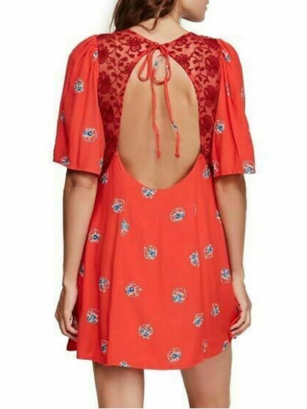 Free People Mockingbird Coral Red Floral Deep V Mini Dress - Size 10 - Picture 4 of 12